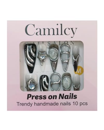 Cyber Goth Black & White Almond Stiletto Press-On Nails with Rhinestones - A70 / S