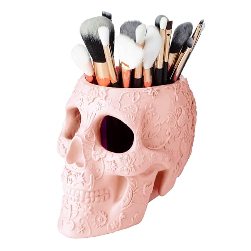Pink Skull Makeup Brush Holder - Large Resin Pen & Vanity Organizer