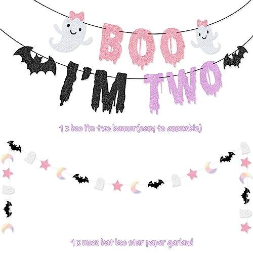 Halloween 2nd Birthday Party Banner & Cake Topper Set Ghost Bat Balloons Pink Purple