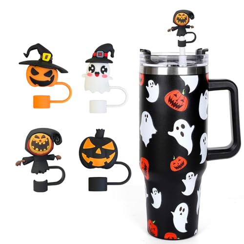 Halloween Straw Covers for Stanley Cup - Pumpkin Scarecrow Design - 4 Pack - Reusable Silicone Tips - Ghost & Pumpkin Decor - Variation: Pumpkin Scarecrow
