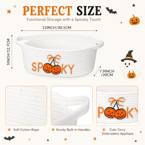 Halloween Spooky Cotton Rope Basket Set with Handles - Pumpkin Patch Design - 4 Pack, Kids Trick-or-Treat Storage