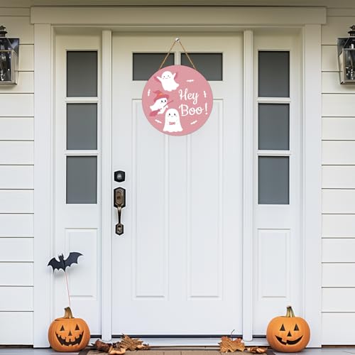 Pink Halloween Door Wreath with Ghost and Bat Decorations, Festive Wall Decor