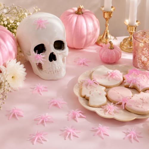 Halloween Mini Pink Fuzzy Spiders Set - 40 Pack for Decorations & Party Favors