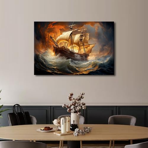Pirate Ship Wall Art Canvas - Stormy Ocean Sunset Scene - 24x16 in - Framed Wall Decoration - Fantasy Boat Picture - Ready to Hang