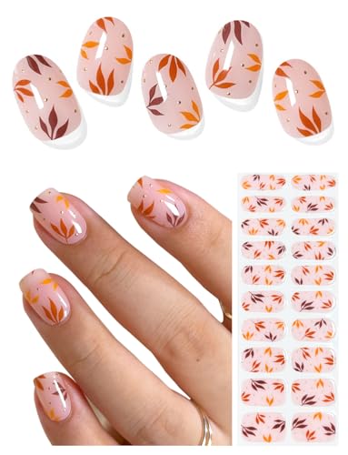 AutyaMee Fall Maple Leaf Semi Cured Gel Nail Strips - 20 Pcs Long-Lasting Nail Wraps