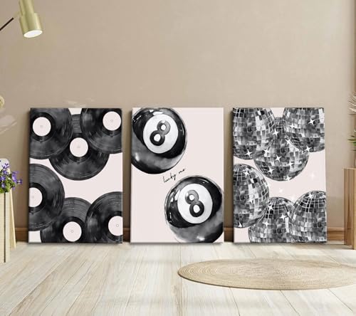 Disco Canvas Wall Art Set - Lucky 8 Ball, Vinyl Record & Disco Ball Prints, 24x16 Inches with Frame