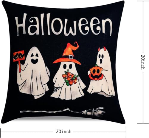 Black Ghost Halloween Throw Pillow Covers Set of 4 20x20in Spooky Gothic Linen