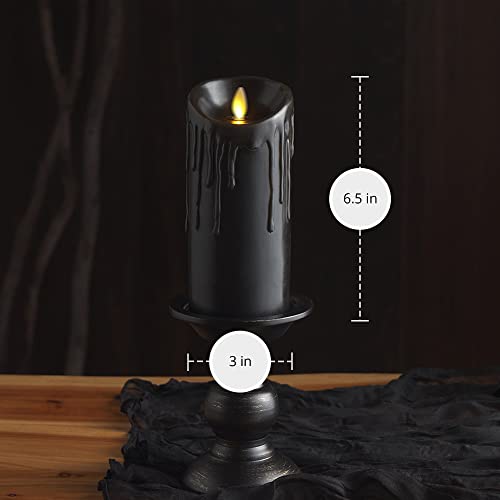 Black Wax Drip Flameless Candle Set - 3 x 6.5 Inch LED Moving Flame Pillars with Timer