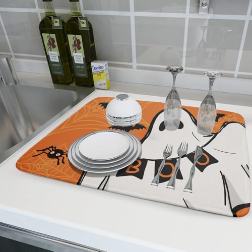 Halloween Dish Drying Mat - Boo Orange Ghost & Bats, 24x18 Inches, Reversible Microfiber Kitchen Protector