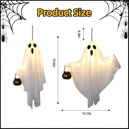 2 Pack Glowing Hanging Ghosts with Black Cauldrons - Halloween Yard Decor, Indoor Party Decorations, Spooky Ghosts with LED Glow - White Variant