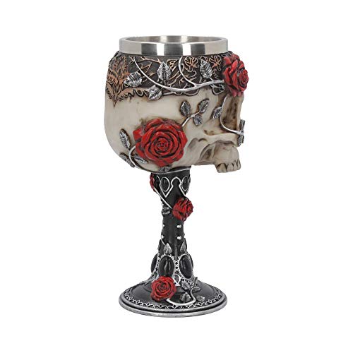 Gothic Roses Skull Goblet - Hand-Painted Resin with Stainless Steel Insert, 18cm Black