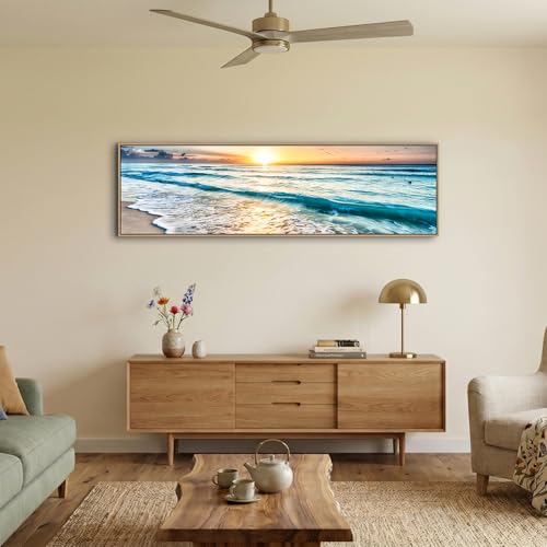 48-Inch Coastal Sunset Ocean Canvas Wall Art - Blue Seaside Landscape, Framed Home Decor