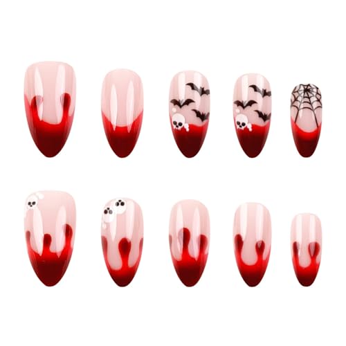 Halloween Nails3 Spooky Fake Nail Set - Blood Drip Black Bat Spider Web Design - 24 Pcs