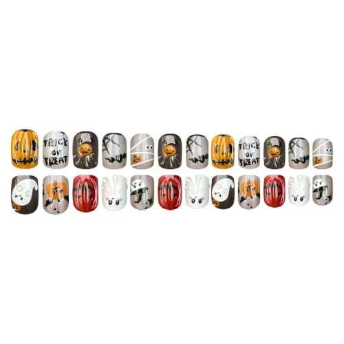 Halloween Press On Nails Short Square Black Ghost Pumpkin Design 24Pcs with Nail File