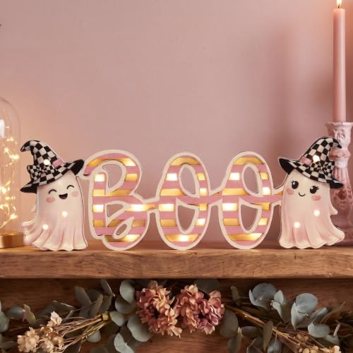 Pink Halloween LED Wooden Sign - Ghost Design, Rustic Home Decor, 3x4 Inches - Variation: Pink Ghost