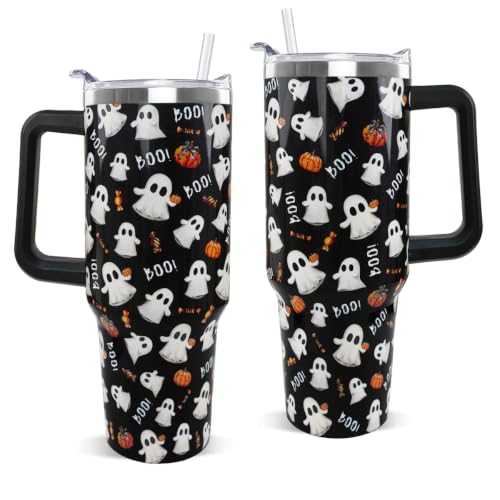 Halloween Tumbler with Handle 40oz - Cute Ghost Pumpkin Dark Aesthetic Travel Mug - Black Boo Variation