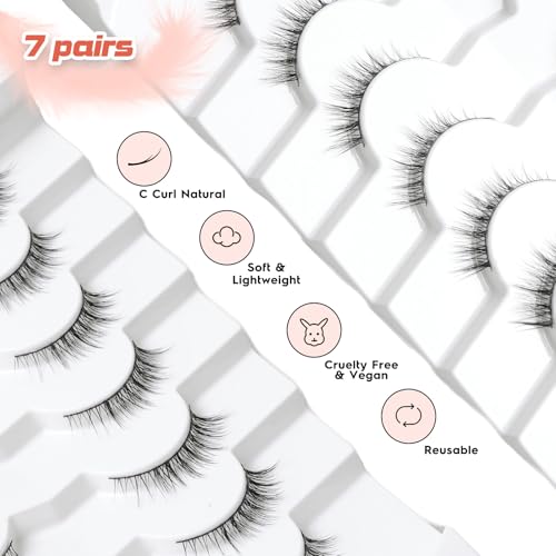 Siligli Airy Cat 2-12mm Wispy Short False Eyelashes 7 Pairs - Natural Look, Thin Band, Reusable, Vegan