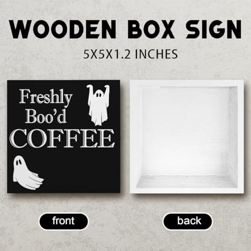 Fall Wooden Sign Decor - Rustic Halloween Pumpkin Ghost & Maple Leaves - 5x5 Inch