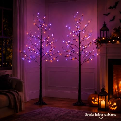 6FT LED Lighted Halloween Tree 2-Pack with Orange & Purple Lights - Indoor Outdoor Decor