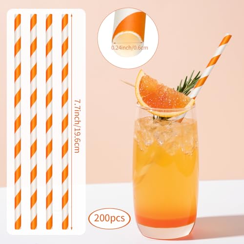 Orange Biodegradable Paper Straws - 200 Pack Striped Disposable Drinking Staws for Parties - Variation: Orange