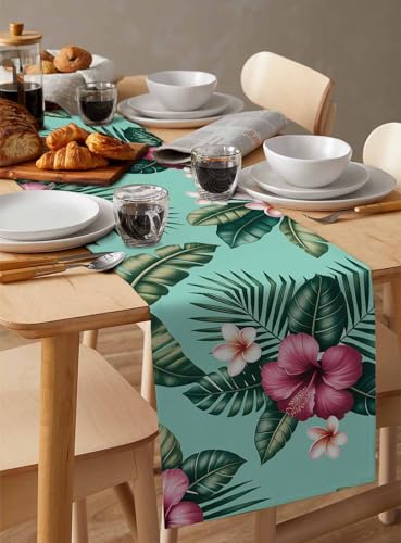 Hibiscus Tropical Table Runner - Linen Burlap - 13 x 90 Inch - Hibisci Variation