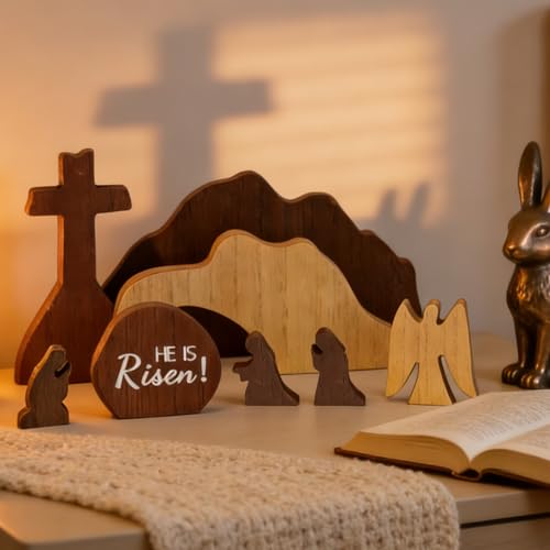 Wooden Easter Resurrection Scene Set with Cross and Tomb - Christian Decor for Tabletop & Home