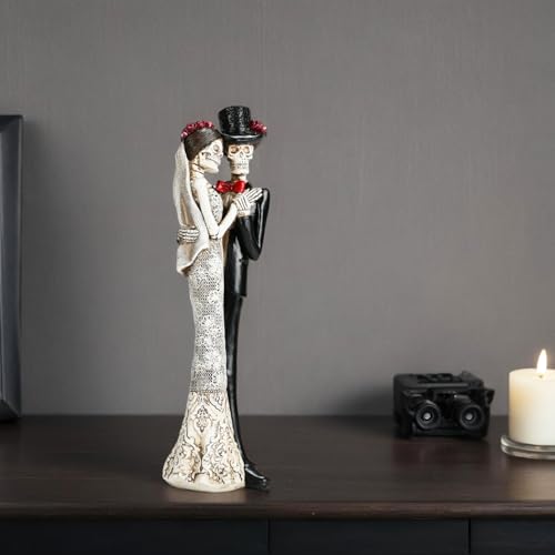 Black and White Skull Wedding Sculpture - Gothic Skeleton Figurine, Hand-Painted Resin Romantic Decor, 13 Inches