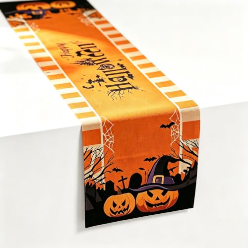 Halloween Table Runner Pumpkin Bat Linen - Orange, 72x13 Inches