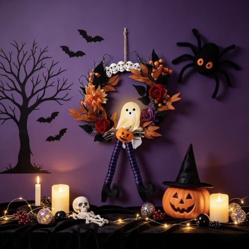 Halloween Wreath for Front Door 24.8 Inch with Witch Legs & Pumpkins - Indoor Outdoor Decor
