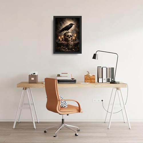 Gothic Crow Wall Art Canvas Print - Raven Skull Dark Academia Decor 16"L x 12"W - Black Frame