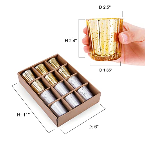 Set of 12 Silver and Gold Mercury Glass Votive Candle Holders - Wedding, Holiday Decor