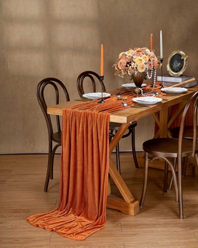 Orange Velvet Table Runner 10ft Long Set of 2 - Rustic Thanksgiving Decor