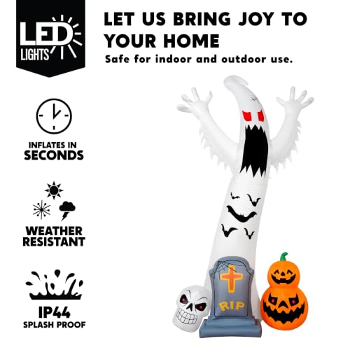 Giant 12FT Spooky Ghost Inflatable Halloween Decoration with Skull Tombstone & Colorful LED Lights - Red Variation