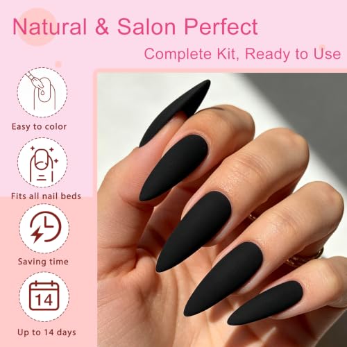 Black Stiletto Press On Nails Long Fake Nails - 144pcs with Glue & Tabs - AddFavor
