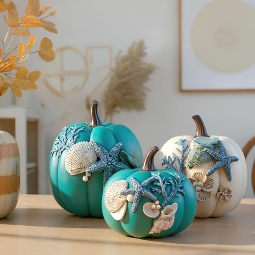 Blue Ocean Fall Pumpkin Decor Set - 3 Resin Autumn Pumpkins with Gold Stems & Sea Details - Coastal Thanksgiving & Halloween Home Decor - Variation of THIS listing
