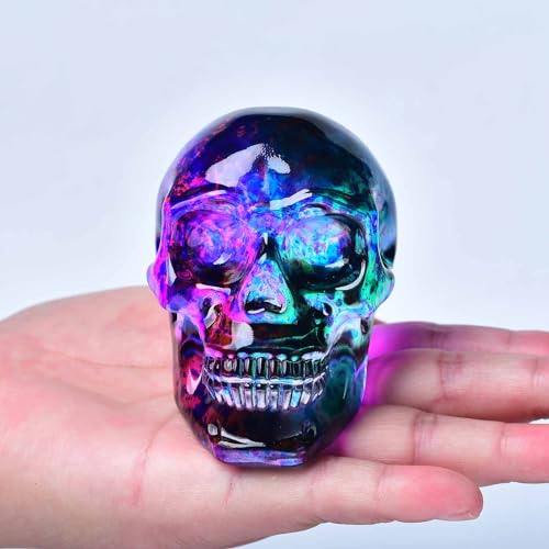 Crystal Skull Head Statue with Purple and Green Variations - Glass Figurine Home Decor