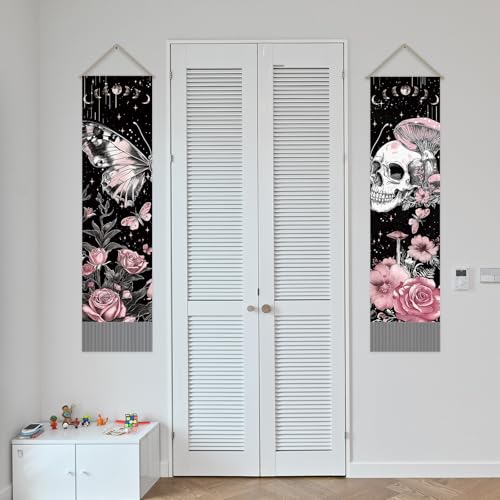 Butterfly Skull Tapestry Set - Pink & Black Moon Phase Wall Hanging for Bedroom Decor