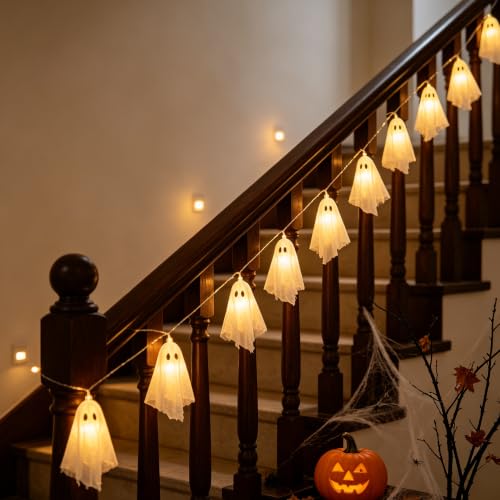 White 6.5FT Fabric Ghost String Lights for Halloween Party - Warm Glow