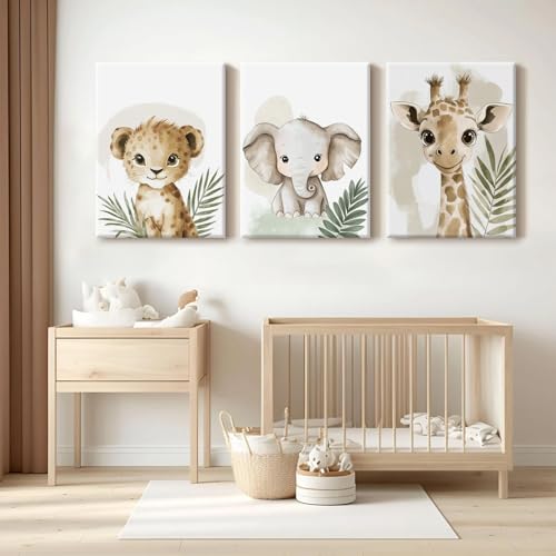 Nursery Animal Wall Art Decor Canvas Prints for Kids Room - Safari Jungle Giraffe Elephant Leaf Variation 12x16 Inch