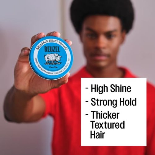 Reuzel Blue Pomade - Strong All-Day Hold, Water Soluble, High Shine, Flake-Free | For All Hair Types
