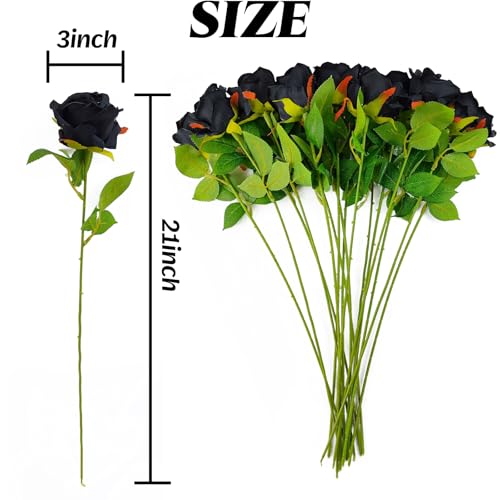Artificial Black Rose Flowers - 13 Pack, 21 Inch Long Stem Silk Roses for Wedding, Halloween, Party & Home Decor