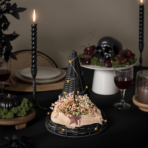 Rustic Halloween Witch Hat Decor with LED Lights - Indoor Table Centerpiece
