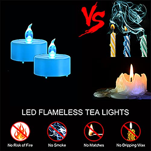 Blue Flameless LED Tea Lights - 24 Pack, Long Lasting Battery, Realistic Flicker for Holiday Decorations