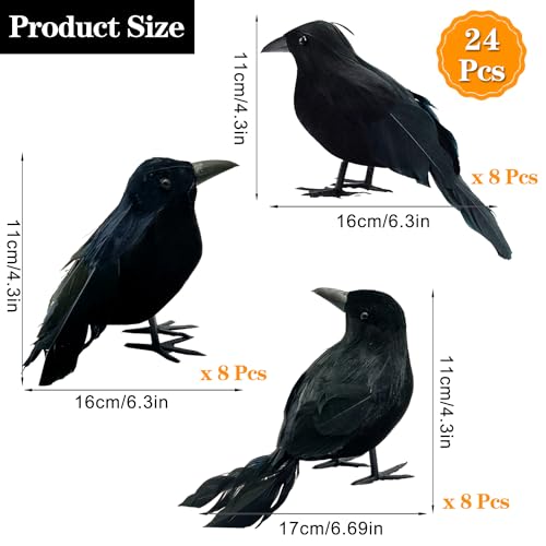 24 Pieces Halloween Black Feathered Crows Decor - Realistic Indoor Outdoor Ravens & Birds, 3 Styles