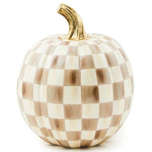 Small Resin Pumpkin Decor - Brown & White Mocha Check - Autumn Fall Thanksgiving