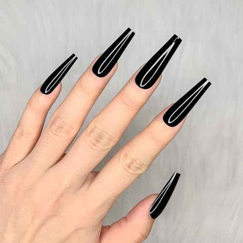 Artquee 24pcs Black Ballerina Long Coffin Glossy Fake Nails - Variation CB-B