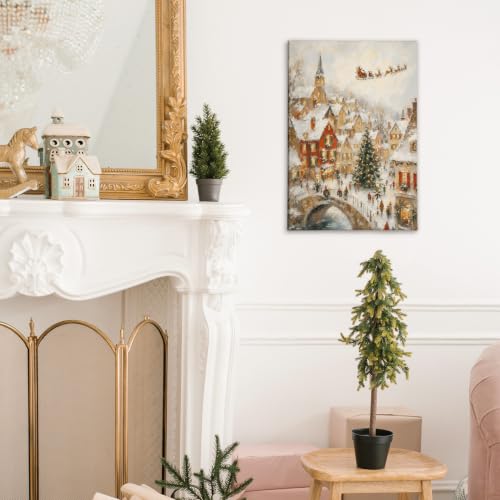 Christmas Village Wall Art Canvas Painting 11x14 Framed Holiday Decor - Tower Variant