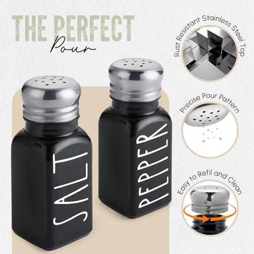 Black Salt and Pepper Shakers Set with Holder - Farmhouse Kitchen Decor