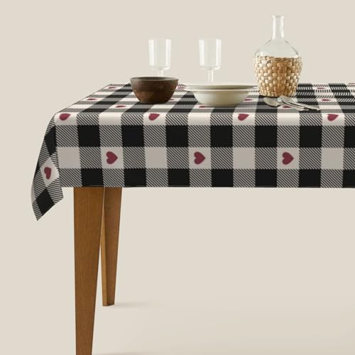 BETGINY Checkered Valentine Tablecloth 60x104 Inch Black & Red Heart Pattern