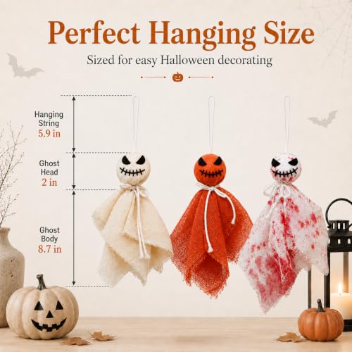 Halloween Ghost Hanging Ornaments - Set of 3, 8.7 Inch Farmhouse Rustic Decor for Haunted House & Yard